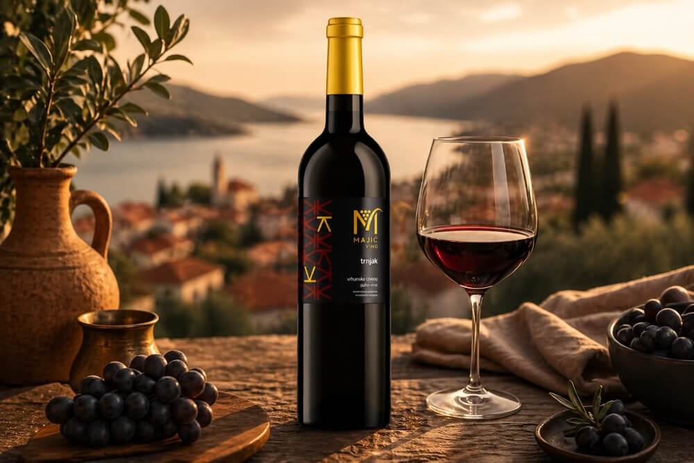 Majić Vino Trnjak Rotwein mit Glas und dunklen Trauben