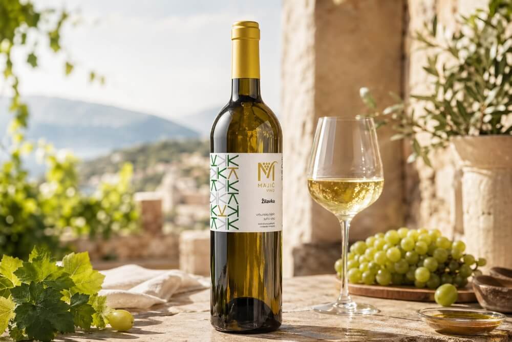 Majić Vino Žilavka Weißwein mit Weinglas und Trauben