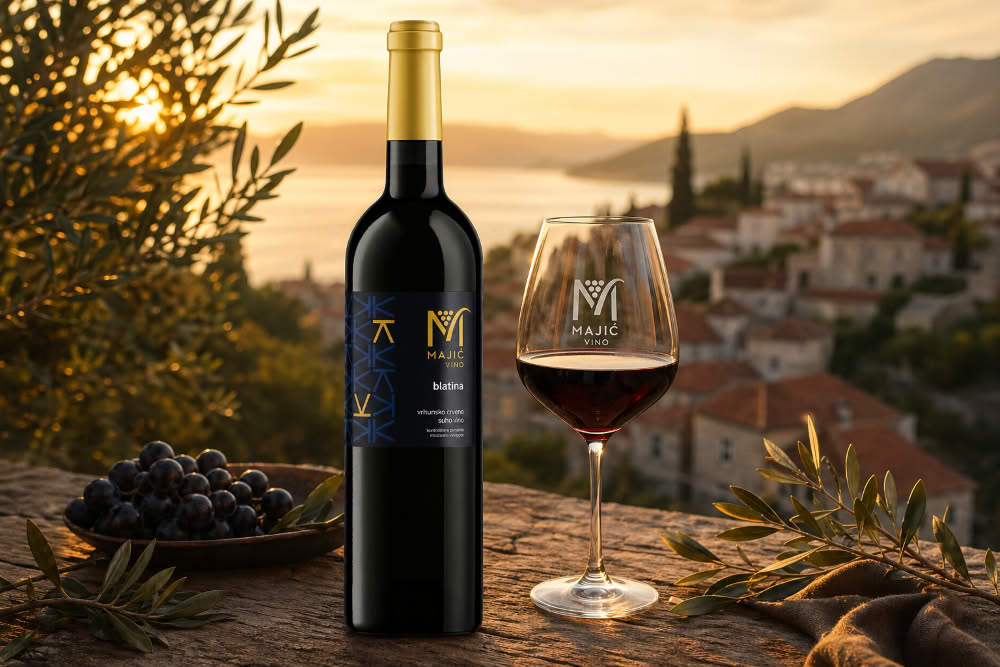 Majić Blatina Rotwein mit Weinglas und Logo, dunklen Trauben und mediterraner Küstenlandschaft im Abendlicht