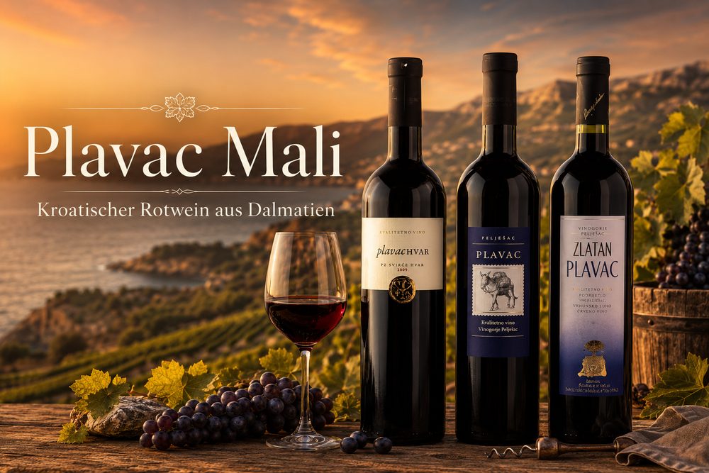 Plavac Mali – kroatischer Rotwein aus Dalmatien mit Plavac Hvar, Pelješac Plavac und Zlatan Plavac vor mediterraner Küstenlandschaft