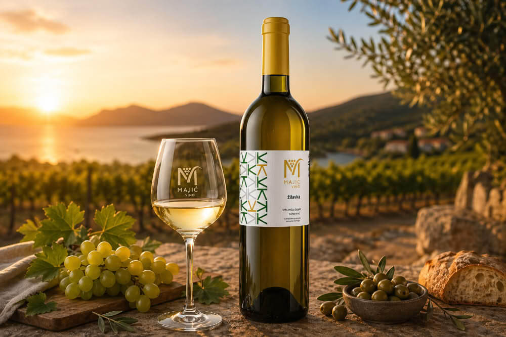 Majic Žilavka als Weißwein aus der Herzegowina mit Fisch, Oliven, Käse, Antipasti und kroatischer Feinkost