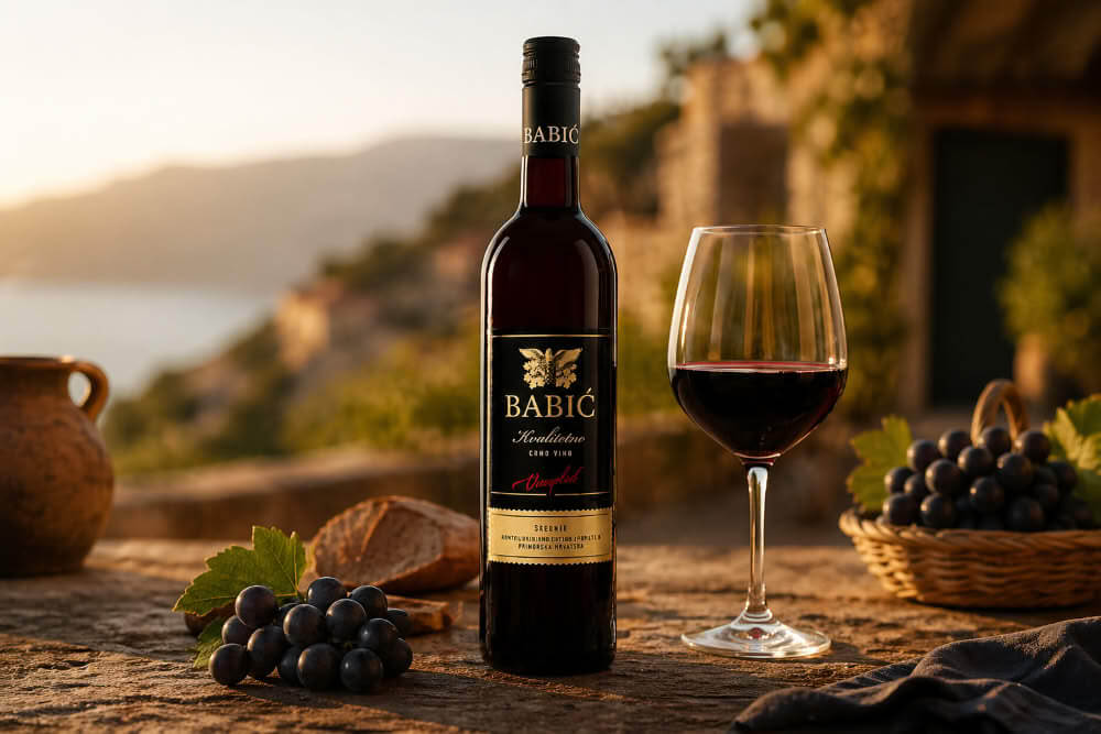 Babić als kroatischer Rotwein aus Dalmatien mit Grillfleisch, Ajvar, Oliven, Käse und mediterraner Feinkost