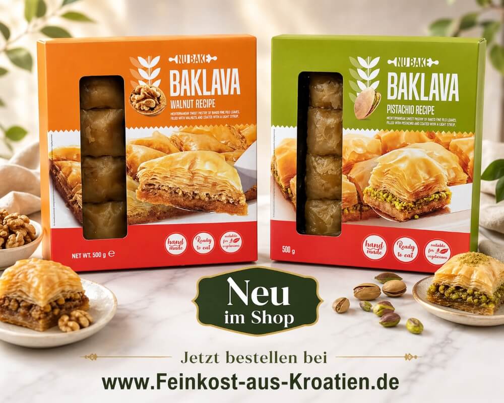 Zwei Baklava-Sorten von NUBAKE, Walnuss und Pistazie, dekorativ präsentiert mit dem Hinweis „Neu im Shop“