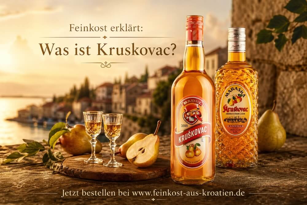 Feinkost erklärt Was ist Kruskovac – Kruskovac-Flaschen mit Birnen und Likörgläsern in mediterraner Küstenkulisse