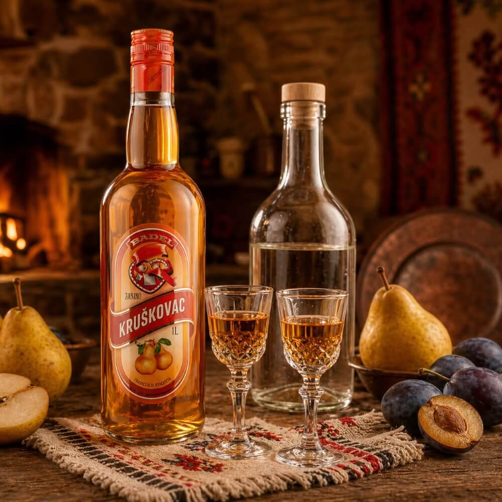 Julischka mit Kruskovac und Sljivovica in traditionellen Gläsern mit Birnen und Pflaumen