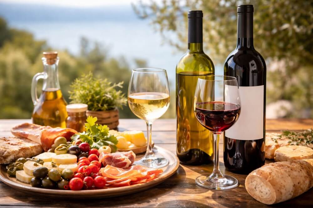 Kroatischer Wein auf mediterran gedecktem Tisch mit Feinkost und Weinglas