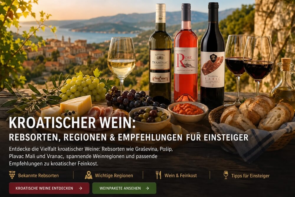 Kroatischer Wein mit kroatischer Feinkost, Käse, Oliven, Trauben und Ajvar
