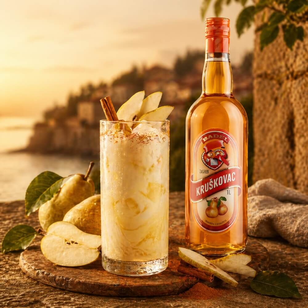 Kruskovac mit Milch und Eis als cremiger Sommerdrink mit Birnen und Zimt