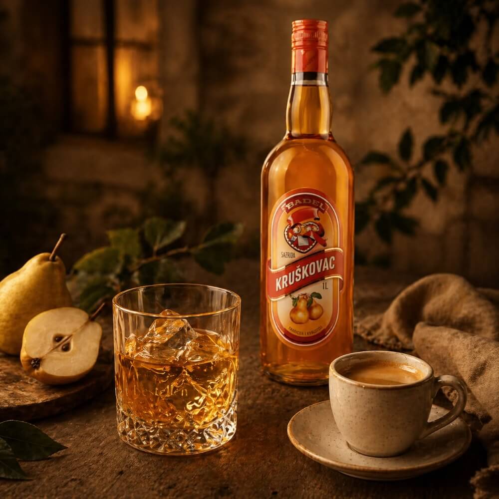 Kruskovac auf Eis mit Espresso und Birnen in stimmungsvoller rustikaler Szene