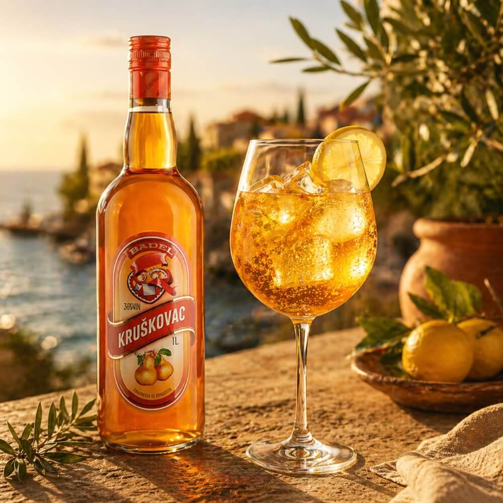 Kruskovac Spritz mit Eis und Zitronenscheibe im Weinglas neben einer Kruskovac-Flasche