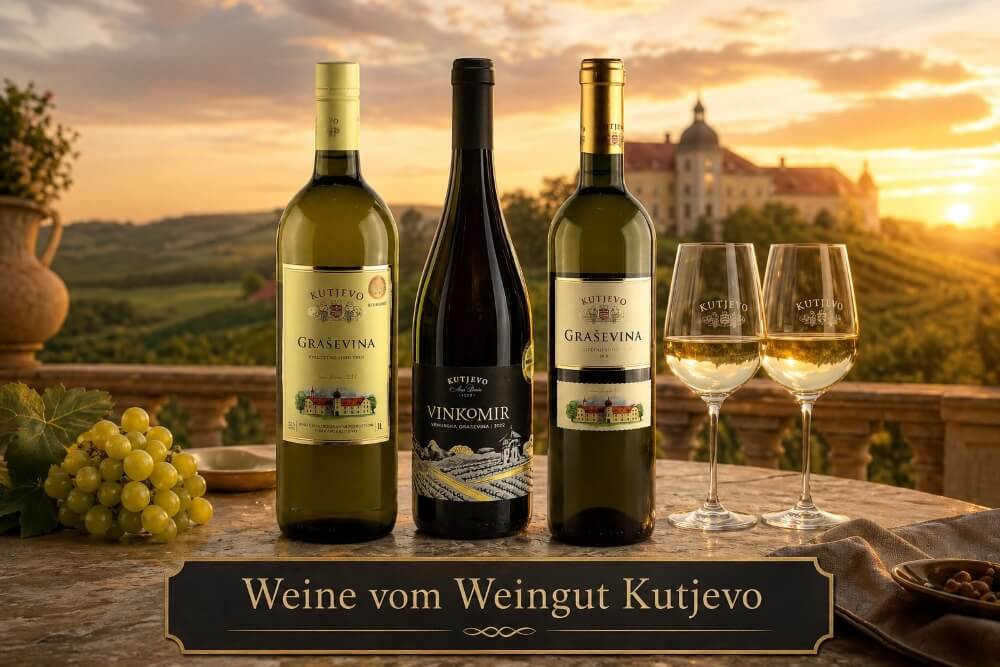Kutjevo Weine auf einer Terrasse vor Weinbergen und dem Weingut bei Sonnenuntergang