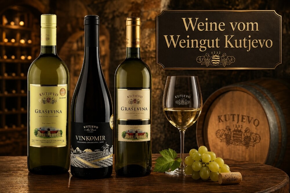 Edles Werbebild mit Kutjevo Weinen, Weißweinglas und Trauben im stilvollen Weinkeller