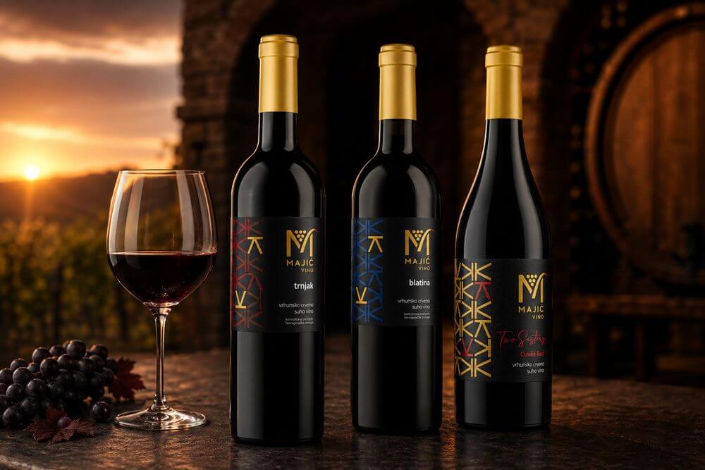 Majic Vino Rotweine Trnjak, Blatina und Cuvée Red mit Weinglas im Weinkeller bei Sonnenuntergang