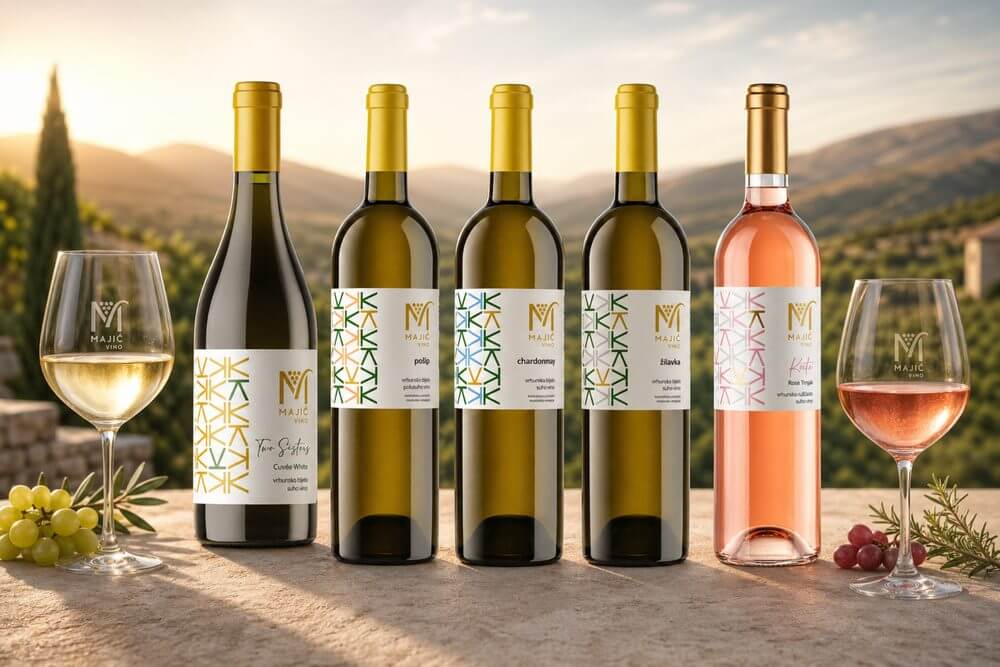 Majic Vino Weißwein- und Roséwein-Sortiment mit Weingläsern vor Weinbergen bei Sonnenuntergang