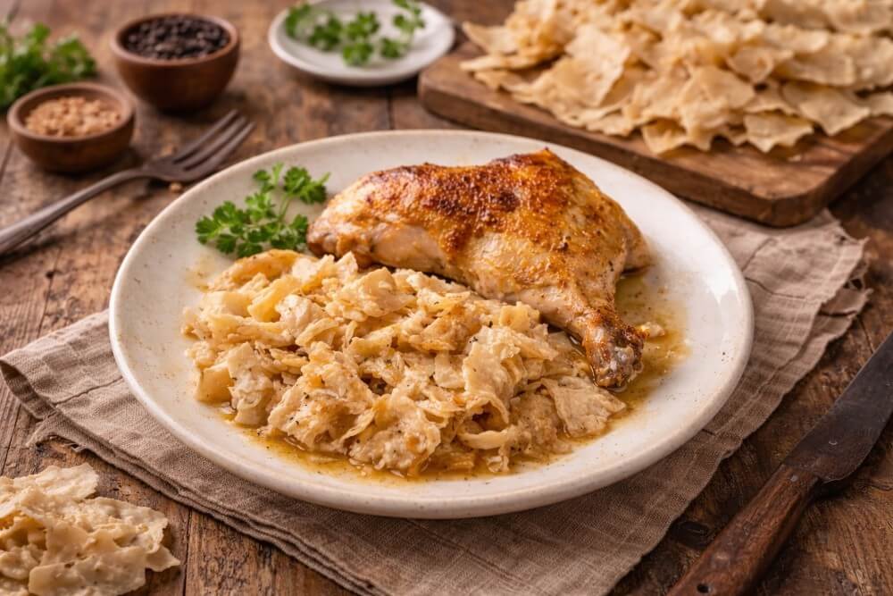 Kroatische Mlinci mit Brathähnchen rustikal serviert