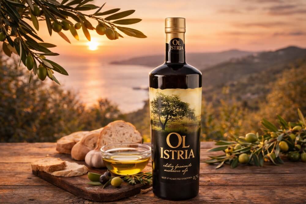 Ol Istria kroatisches Olivenöl auf rustikalem Holztisch bei Sonnenuntergang