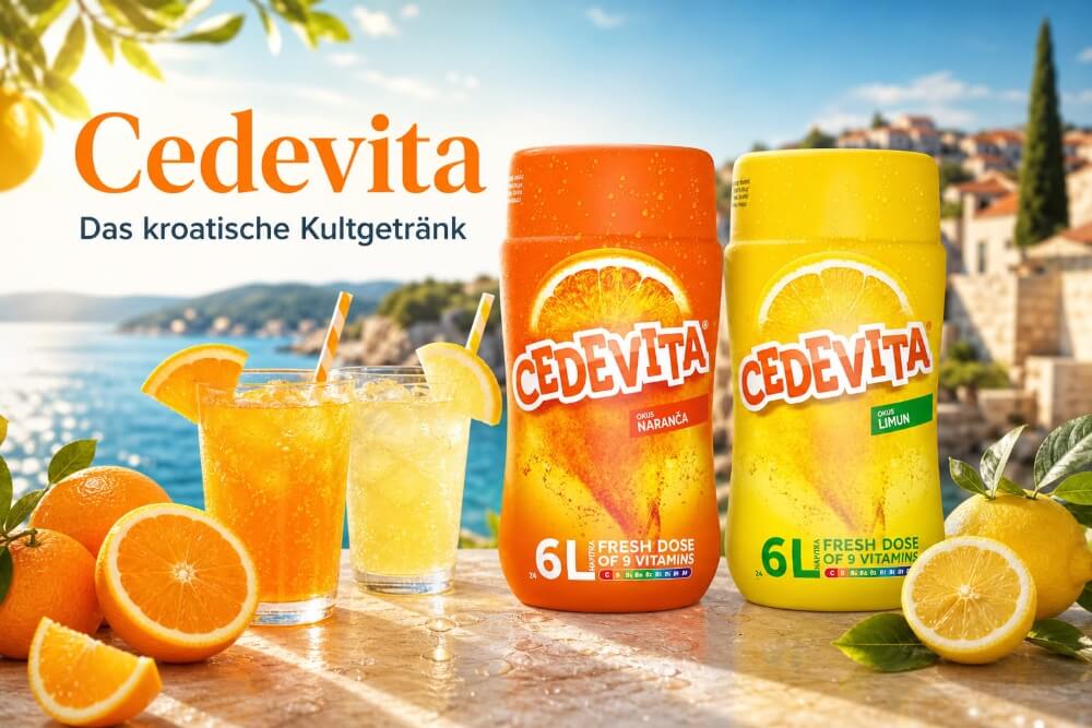 Cedevita Getränkepulver aus Kroatien mit Orange und Zitrone, serviert mit frischen Zitrusfrüchten und Gläsern als erfrischendes Sommergetränk