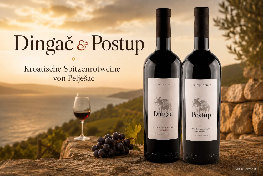Dingač und Postup als kroatische Spitzenrotweine von Pelješac vor dalmatinischer Küstenlandschaft