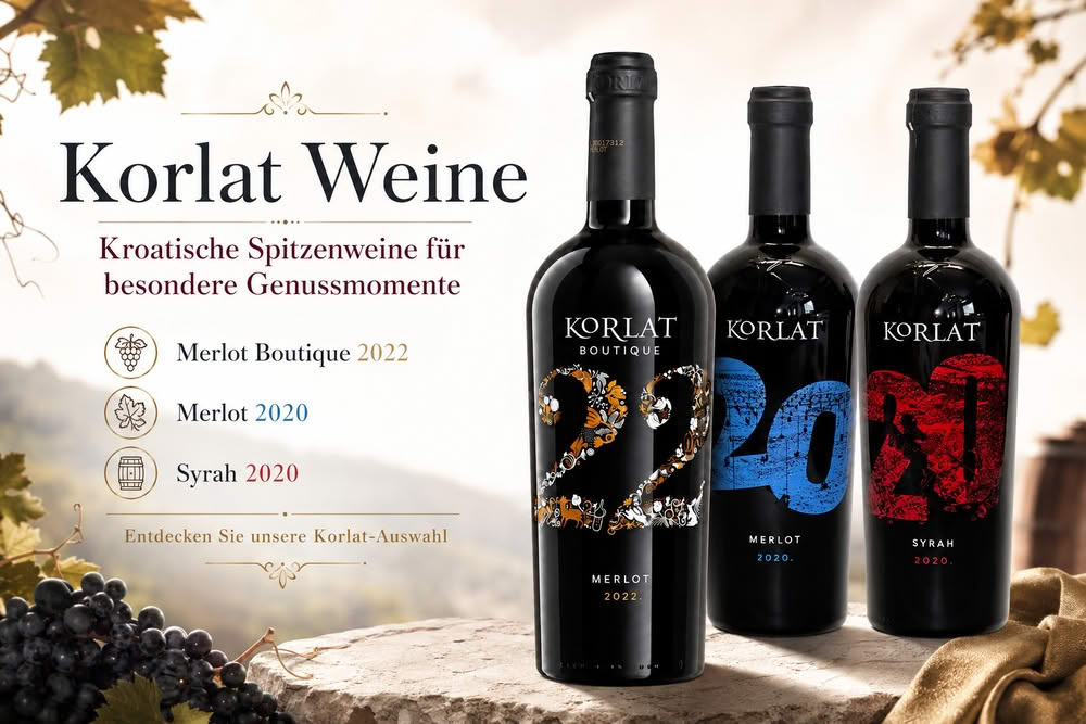 Korlat Weine aus Kroatien mit Merlot Boutique 2022, Merlot 2020 und Syrah 2020 auf elegantem Weinmotiv mit Trauben