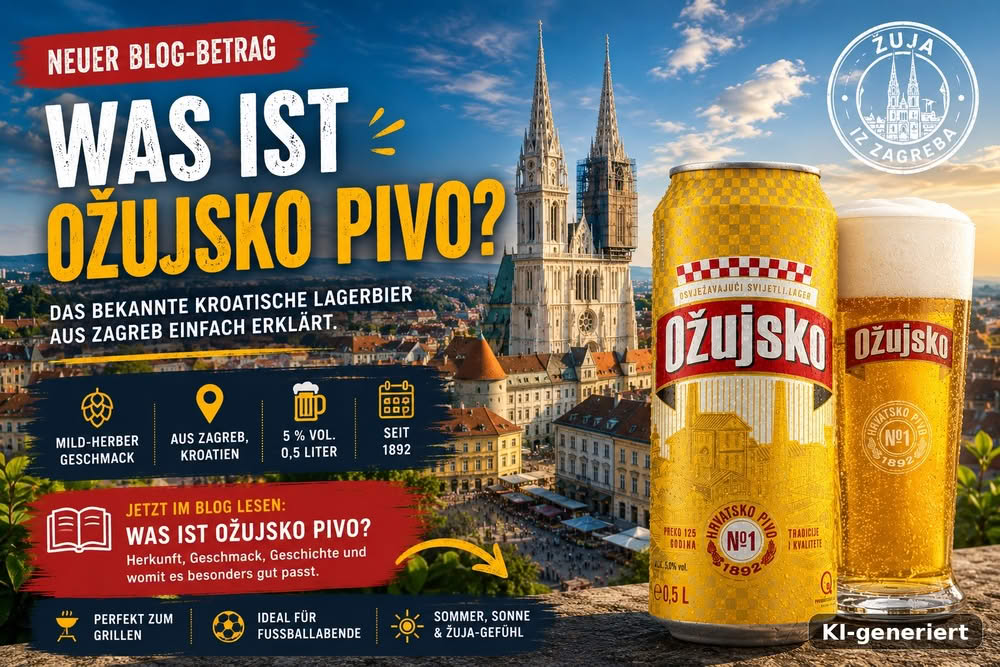 Was ist Ožujsko Pivo kroatisches Bier aus Zagreb mit Ožujsko Dose und Zagreber Kathedrale