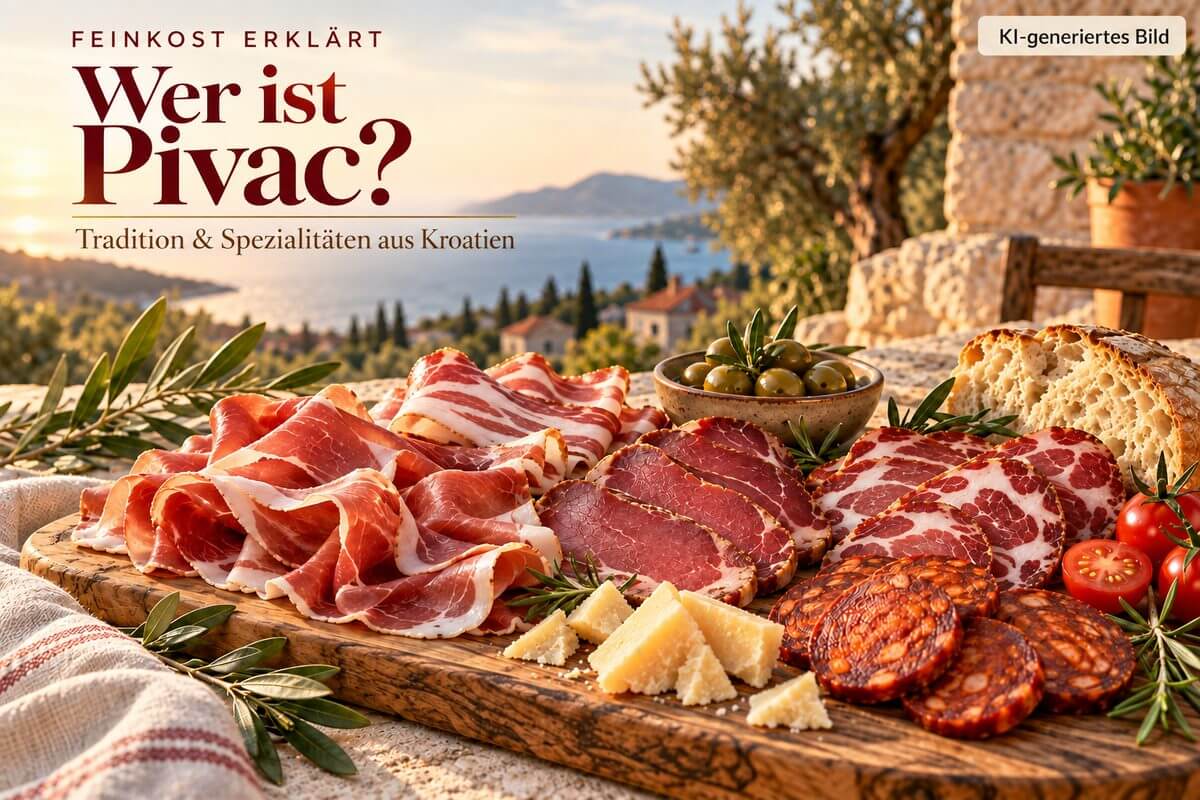 KI-generierte Feinkostplatte mit Schinken, Speck, Wurst, Käse und Oliven als Illustration zum Hersteller Pivac aus Kroatien