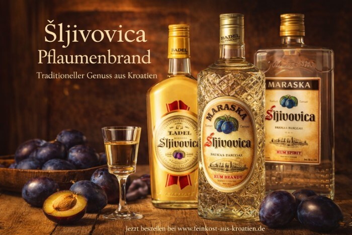 Šljivovica Pflaumenbrand aus Kroatien mit Flaschen, Glas und frischen Pflaumen