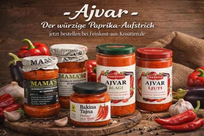 Ajvar Paprika-Aufstrich aus Kroatien mit gerösteter Paprika Brot und Grillbeilage