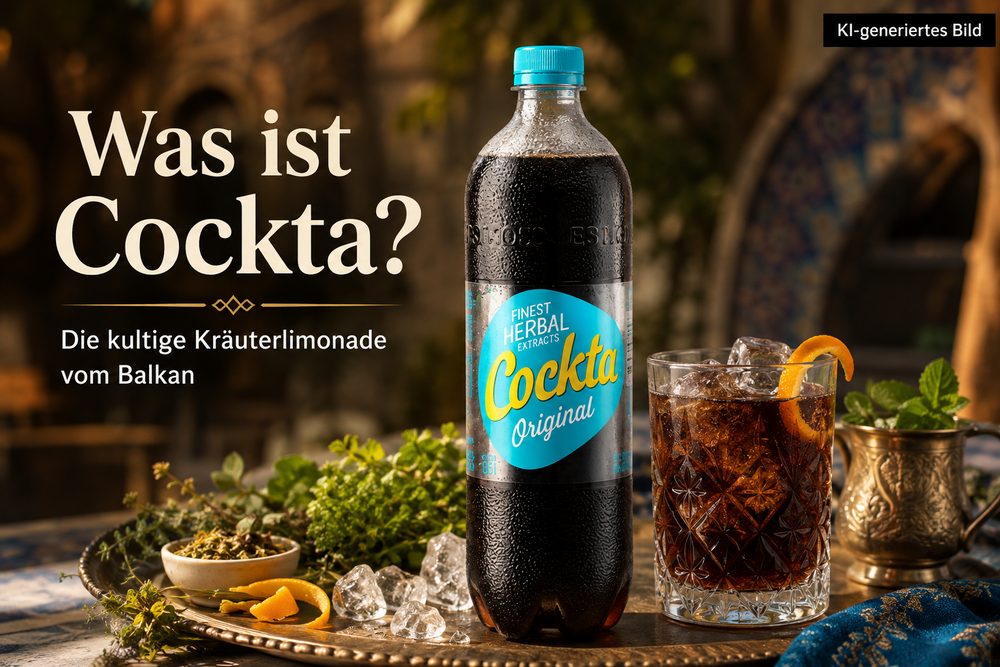 Cockta Original Erfrischungsgetränk vom Balkan mit Glas und Eis