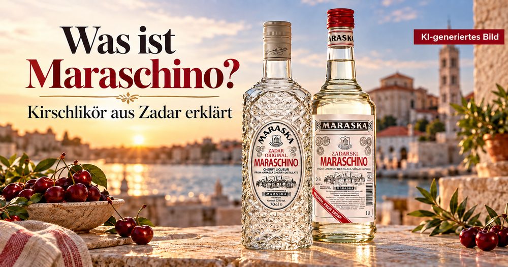 Was ist Maraschino – Kirschlikör aus Zadar von Maraska mit Flaschen und Maraskakirschen