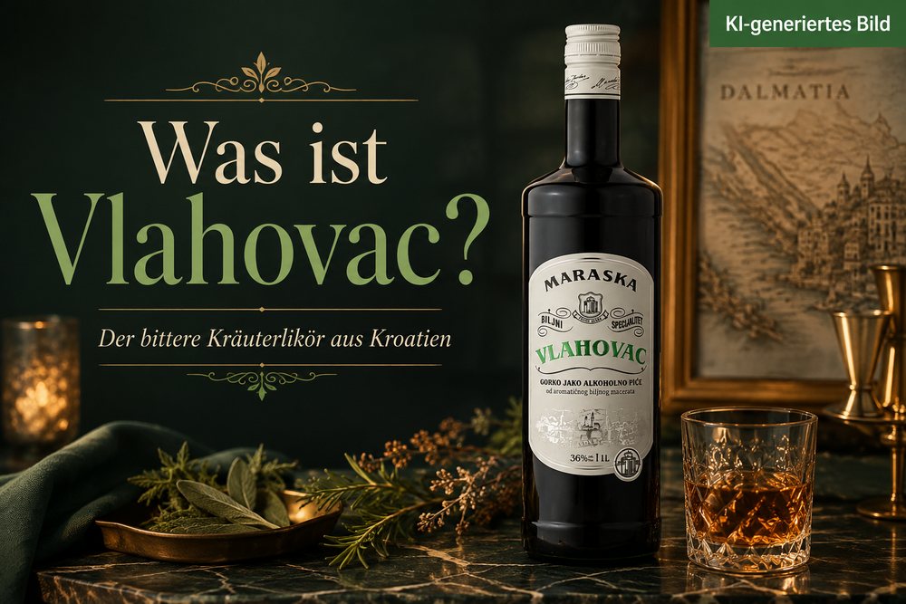 Vlahovac Maraska kroatischer Kräuterlikör aus Zadar mit Glas und Kräutern